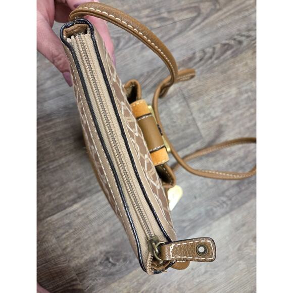 Tignanello Signature Cross Body Bag Beige Tan Gold Canvas Leather Buckle Pocket - Picture 6 of 7